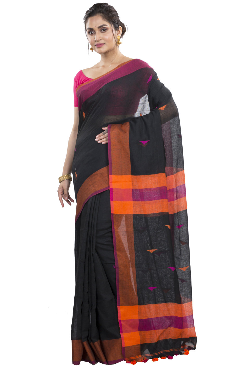 Black Pure Cotton Clasic_Than Hand Loom Saree (802)